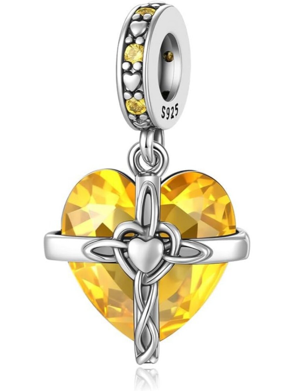 Women's Yellow 925 Sterling Silver Cross Charms Dangle Beads Heart Birthstone